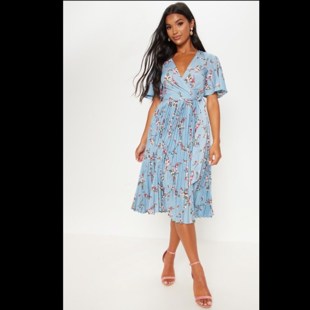 Dusty Blue Floral Pleated Midi Dress